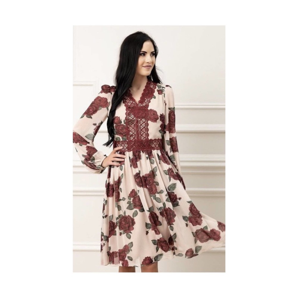 Rachel Parcell Red Rose Floral A-line Long Sheer Sleeved Dress- Sz Medium